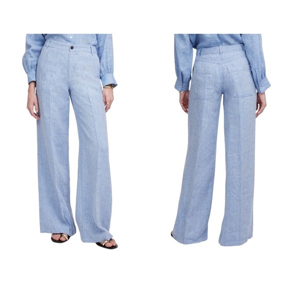 Madewell Zoe Relaxed Wide Leg Pant Blue High Rise Linen Resort Preppy Size 10